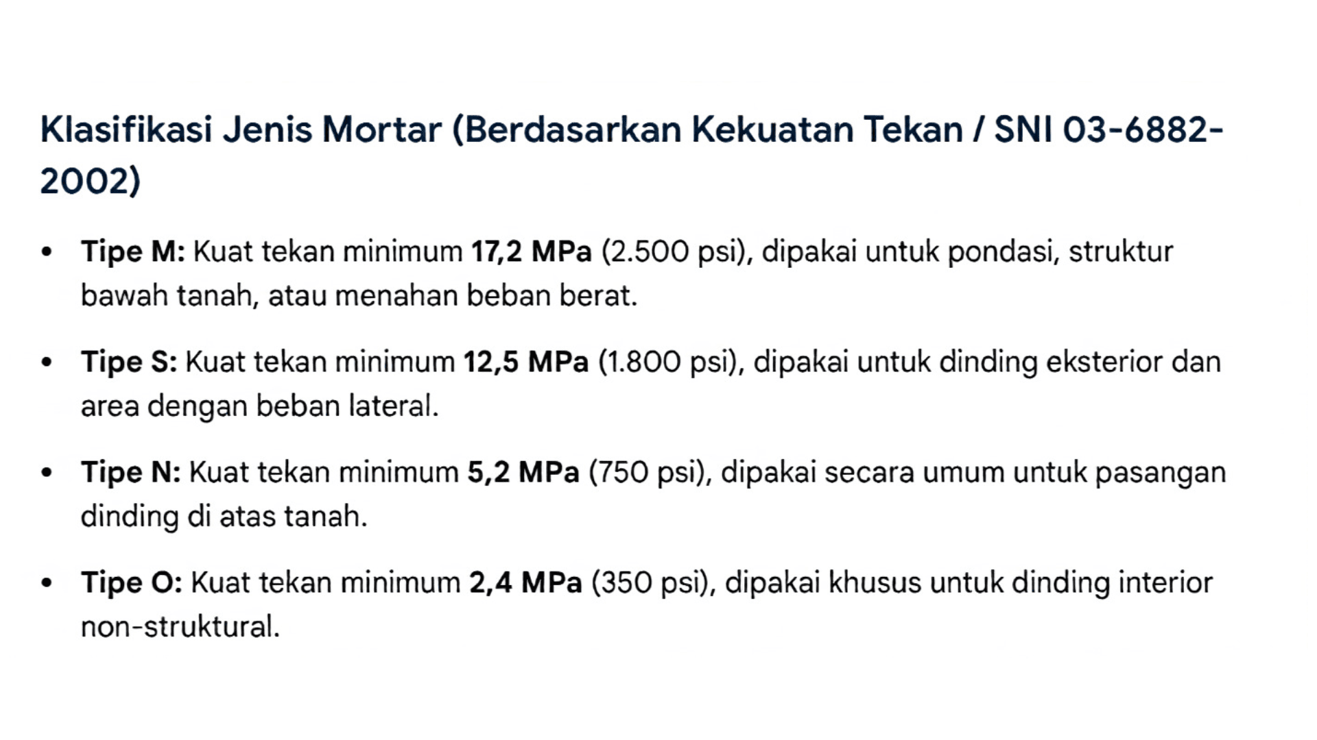 Berikut adalah tabel lengkap ukuran mortar beserta rekomendasi area pemasangannya :