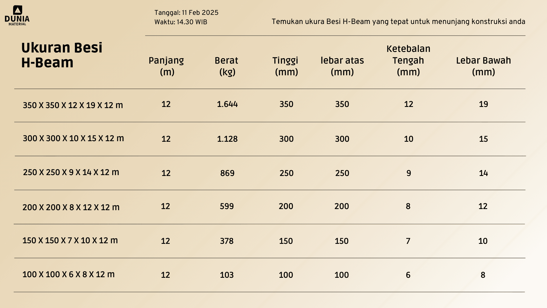 Berikut Ukuran Detail Pada Besi H-Beam